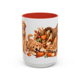 Thanksgiving Golden Retriever Mug, Family Harvest, Cute Animal Lover Gift, Watercolor Ceramic Coffee Cup, 11oz 15oz — 15oz / Red — front