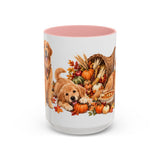 Thanksgiving Golden Retriever Mug, Family Harvest, Cute Animal Lover Gift, Watercolor Ceramic Coffee Cup, 11oz 15oz — 15oz / Pink — front