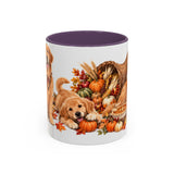 Thanksgiving Golden Retriever Mug, Family Harvest, Cute Animal Lover Gift, Watercolor Ceramic Coffee Cup, 11oz 15oz — 11oz / Purple — front