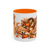 Thanksgiving Golden Retriever Mug, Family Harvest, Cute Animal Lover Gift, Watercolor Ceramic Coffee Cup, 11oz 15oz — 11oz / Orange — front