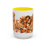 Thanksgiving Golden Retriever Mug, Family Harvest, Cute Animal Lover Gift, Watercolor Ceramic Coffee Cup, 11oz 15oz — 15oz / Yellow — front