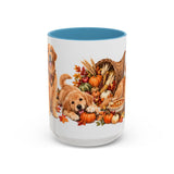 Thanksgiving Golden Retriever Mug, Family Harvest, Cute Animal Lover Gift, Watercolor Ceramic Coffee Cup, 11oz 15oz — 15oz / Light Blue — front