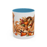 Thanksgiving Golden Retriever Mug, Family Harvest, Cute Animal Lover Gift, Watercolor Ceramic Coffee Cup, 11oz 15oz — 11oz / Light Blue — front