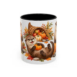 Thanksgiving Otter Mug, River Harvest, Cute Animal Lover Gift, Watercolor Ceramic Coffee Cup, 11oz 15oz — 11oz / Black — front