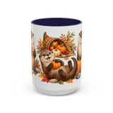 Thanksgiving Otter Mug, River Harvest, Cute Animal Lover Gift, Watercolor Ceramic Coffee Cup, 11oz 15oz — 15oz / Navy — front