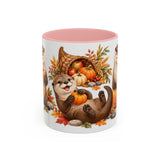 Thanksgiving Otter Mug, River Harvest, Cute Animal Lover Gift, Watercolor Ceramic Coffee Cup, 11oz 15oz — 11oz / Pink — front