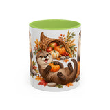 Thanksgiving Otter Mug, River Harvest, Cute Animal Lover Gift, Watercolor Ceramic Coffee Cup, 11oz 15oz — 11oz / Light Green — front