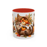 Thanksgiving Otter Mug, River Harvest, Cute Animal Lover Gift, Watercolor Ceramic Coffee Cup, 11oz 15oz — 11oz / Red — front