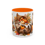 Thanksgiving Otter Mug, River Harvest, Cute Animal Lover Gift, Watercolor Ceramic Coffee Cup, 11oz 15oz — 11oz / Orange — front