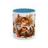 Thanksgiving Otter Mug, River Harvest, Cute Animal Lover Gift, Watercolor Ceramic Coffee Cup, 11oz 15oz — 11oz / Light Blue — front