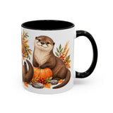 Thanksgiving Otter Mug, River Harvest, Cute Animal Lover Gift, Watercolor Ceramic Coffee Cup, 11oz 15oz — 11oz / Black — right