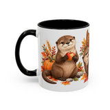 Thanksgiving Otter Mug, River Harvest, Cute Animal Lover Gift, Watercolor Ceramic Coffee Cup, 11oz 15oz — 11oz / Black — left