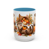 Thanksgiving Otter Mug, River Harvest, Cute Animal Lover Gift, Watercolor Ceramic Coffee Cup, 11oz 15oz — 15oz / Light Blue — front