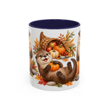 Thanksgiving Otter Mug, River Harvest, Cute Animal Lover Gift, Watercolor Ceramic Coffee Cup, 11oz 15oz — 11oz / Navy — front