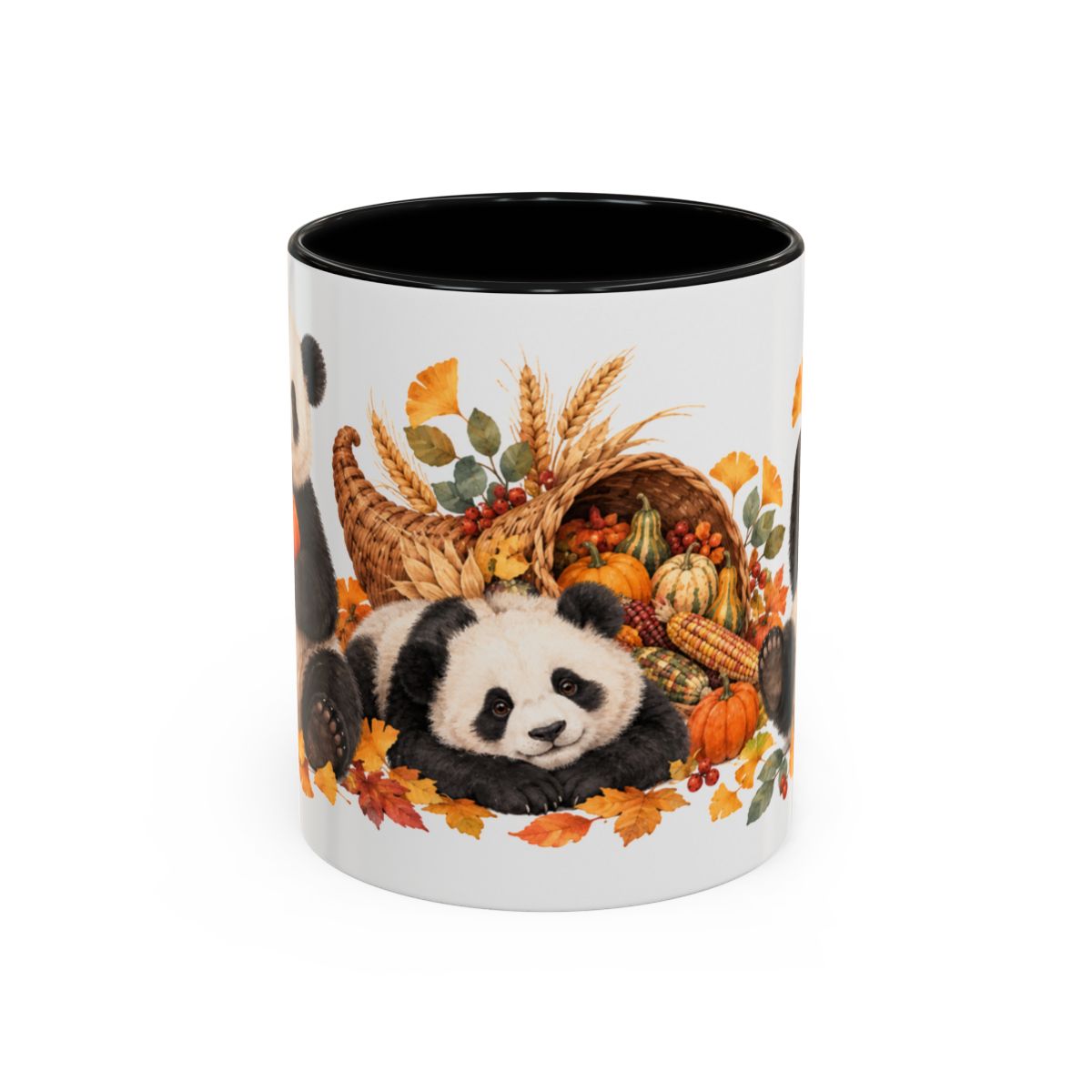 Thanksgiving Panda Mug, Golden Harvest, Cute Animal Lover Gift, Watercolor Ceramic Coffee Cup, 11oz 15oz — 11oz / Black — front