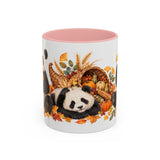 Thanksgiving Panda Mug, Golden Harvest, Cute Animal Lover Gift, Watercolor Ceramic Coffee Cup, 11oz 15oz — 11oz / Pink — front