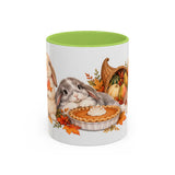 Thanksgiving Rabbit Mug, Autumn Feast, Cute Animal Lover Gift, Watercolor Ceramic Coffee Cup, 11oz 15oz — 11oz / Light Green — front