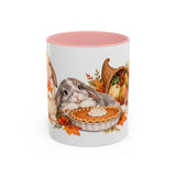 Thanksgiving Rabbit Mug, Autumn Feast, Cute Animal Lover Gift, Watercolor Ceramic Coffee Cup, 11oz 15oz — 11oz / Pink — front