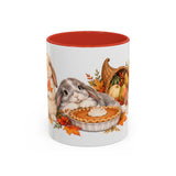 Thanksgiving Rabbit Mug, Autumn Feast, Cute Animal Lover Gift, Watercolor Ceramic Coffee Cup, 11oz 15oz — 11oz / Red — front