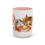 Thanksgiving Rabbit Mug, Autumn Feast, Cute Animal Lover Gift, Watercolor Ceramic Coffee Cup, 11oz 15oz — 15oz / Pink — front