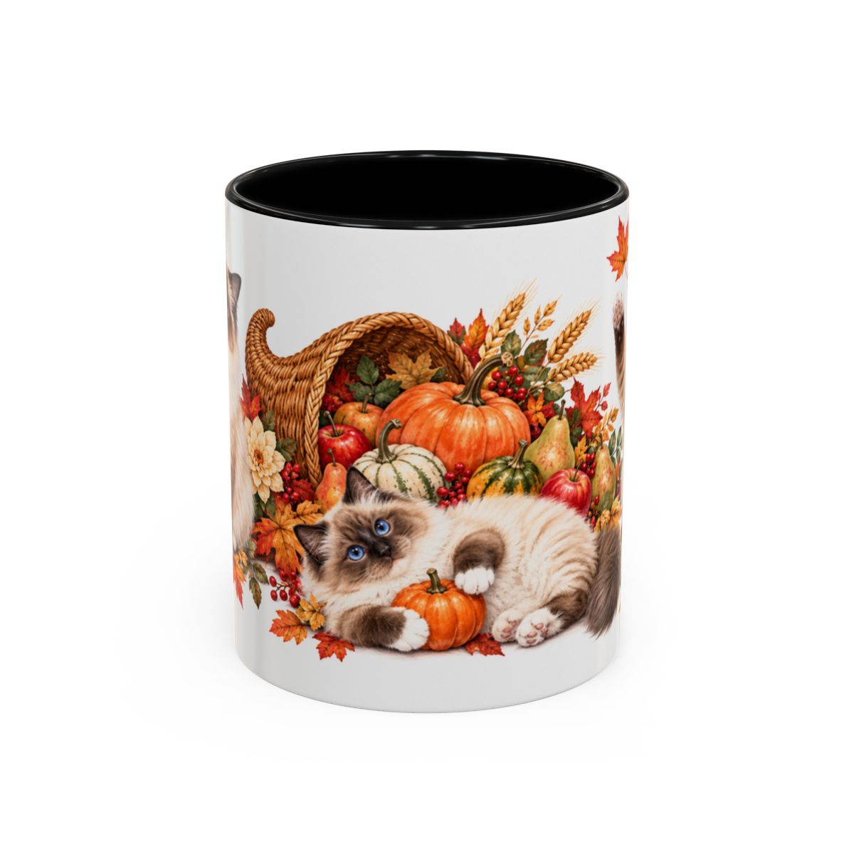 Thanksgiving Ragdoll Cat Mug, Cozy Harvest, Cute Animal Lover Gift, Watercolor Ceramic Coffee Cup, 11oz 15oz — 11oz / Black — front