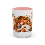 Thanksgiving Ragdoll Cat Mug, Cozy Harvest, Cute Animal Lover Gift, Watercolor Ceramic Coffee Cup, 11oz 15oz — 15oz / Pink — front