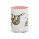Three-Toed Sloth Accent Mug | Watercolor Nature Coffee Cup | 11oz 15oz Wildlife Lover Gift — 15oz / Pink — front