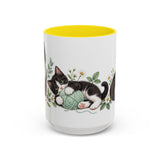 Tuxedo Cat Mug, Cute Watercolor Cat Coffee Cup, Floral Pet Lover Gift, 11oz 15oz Ceramic Accent Mug — 15oz / Yellow — front