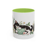Tuxedo Cat Mug, Cute Watercolor Cat Coffee Cup, Floral Pet Lover Gift, 11oz 15oz Ceramic Accent Mug — 11oz / Light Green — front