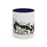 Tuxedo Cat Mug, Cute Watercolor Cat Coffee Cup, Floral Pet Lover Gift, 11oz 15oz Ceramic Accent Mug — 11oz / Navy — front