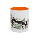 Tuxedo Cat Mug, Cute Watercolor Cat Coffee Cup, Floral Pet Lover Gift, 11oz 15oz Ceramic Accent Mug — 11oz / Orange — front