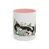 Tuxedo Cat Mug, Cute Watercolor Cat Coffee Cup, Floral Pet Lover Gift, 11oz 15oz Ceramic Accent Mug — 11oz / Pink — front