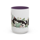 Tuxedo Cat Mug, Cute Watercolor Cat Coffee Cup, Floral Pet Lover Gift, 11oz 15oz Ceramic Accent Mug — 15oz / Purple — front