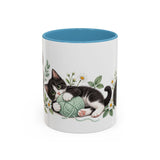 Tuxedo Cat Mug, Cute Watercolor Cat Coffee Cup, Floral Pet Lover Gift, 11oz 15oz Ceramic Accent Mug — 11oz / Light Blue — front