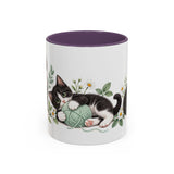 Tuxedo Cat Mug, Cute Watercolor Cat Coffee Cup, Floral Pet Lover Gift, 11oz 15oz Ceramic Accent Mug — 11oz / Purple — front