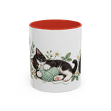 Tuxedo Cat Mug, Cute Watercolor Cat Coffee Cup, Floral Pet Lover Gift, 11oz 15oz Ceramic Accent Mug — 11oz / Red — front