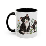 Tuxedo Cat Mug, Cute Watercolor Cat Coffee Cup, Floral Pet Lover Gift, 11oz 15oz Ceramic Accent Mug — 11oz / Black — left