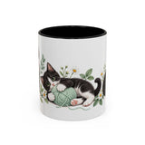 Tuxedo Cat Mug, Cute Watercolor Cat Coffee Cup, Floral Pet Lover Gift, 11oz 15oz Ceramic Accent Mug — 11oz / Black — front