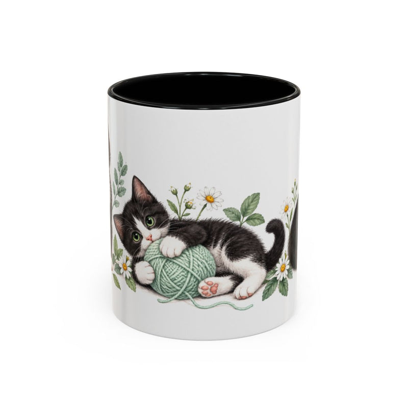 Tuxedo Cat Mug, Cute Watercolor Cat Coffee Cup, Floral Pet Lover Gift, 11oz 15oz Ceramic Accent Mug — 11oz / Black — front