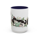 Tuxedo Cat Mug, Cute Watercolor Cat Coffee Cup, Floral Pet Lover Gift, 11oz 15oz Ceramic Accent Mug — 15oz / Navy — front