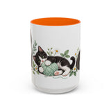 Tuxedo Cat Mug, Cute Watercolor Cat Coffee Cup, Floral Pet Lover Gift, 11oz 15oz Ceramic Accent Mug — 15oz / Orange — front