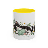 Tuxedo Cat Mug, Cute Watercolor Cat Coffee Cup, Floral Pet Lover Gift, 11oz 15oz Ceramic Accent Mug — 11oz / Yellow — front