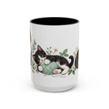 Tuxedo Cat Mug, Cute Watercolor Cat Coffee Cup, Floral Pet Lover Gift, 11oz 15oz Ceramic Accent Mug — 15oz / Black — front