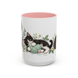 Tuxedo Cat Mug, Cute Watercolor Cat Coffee Cup, Floral Pet Lover Gift, 11oz 15oz Ceramic Accent Mug — 15oz / Pink — front