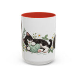 Tuxedo Cat Mug, Cute Watercolor Cat Coffee Cup, Floral Pet Lover Gift, 11oz 15oz Ceramic Accent Mug — 15oz / Red — front