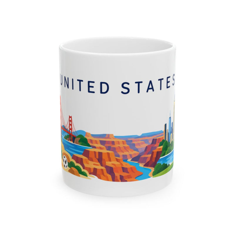 USA Travel Souvenir Mug — Canyon & City Landmarks — Soccer Fan Gift — White Ceramic 11oz 15oz — Front view — Photo 1