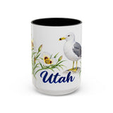 Utah State Bird and Flower Mug, Watercolor Botanical Coffee Cup, Nature Lover Gift, 11oz 15oz Accent Mug — 15oz / Black — front