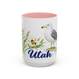 Utah State Bird and Flower Mug, Watercolor Botanical Coffee Cup, Nature Lover Gift, 11oz 15oz Accent Mug — 15oz / Pink — front