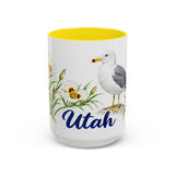 Utah State Bird and Flower Mug, Watercolor Botanical Coffee Cup, Nature Lover Gift, 11oz 15oz Accent Mug — 15oz / Yellow — front