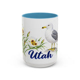 Utah State Bird and Flower Mug, Watercolor Botanical Coffee Cup, Nature Lover Gift, 11oz 15oz Accent Mug — 15oz / Light Blue — front